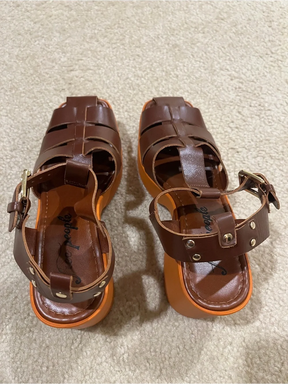 Free People Brown Leather Platform Sandals with Orange Block Heel size 8